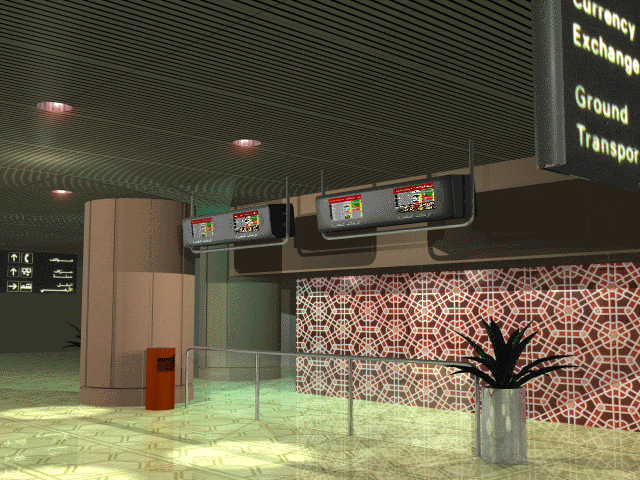 View of existing (modelled) airport terminal with new info pods.